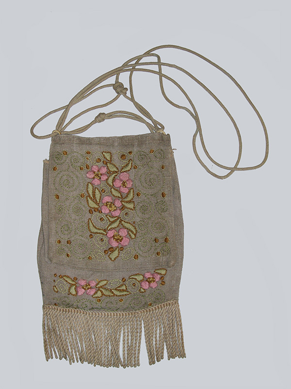 Embroidered Linen Drawstring Purse with Fringe (1900-20); E. Zorn Karlin